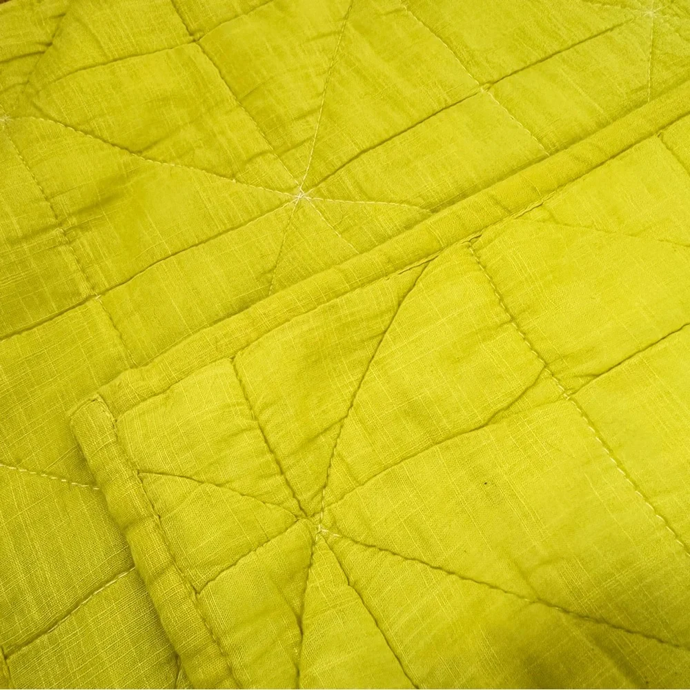West Elm Two Euro Pillow Shams Quilted Square Horseradish Yellow Green — 26”x26”